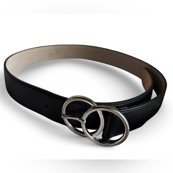 Black Genuine Leather Silver Double Loop Buckle Preppy Prep Statement Belt - Picture 1 of 10